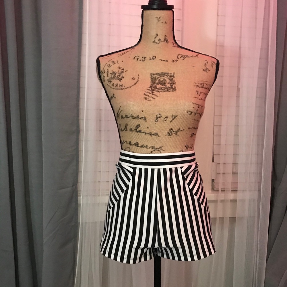 High waist black and white striped shorts